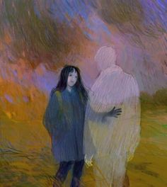 a painting of two people standing next to each other in a field, one holding the back of another person's head