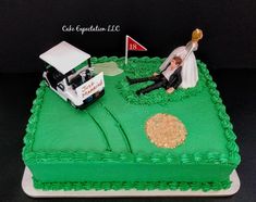 a green cake with a car and golf player on it's side, in the shape of a square