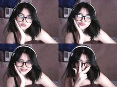 four pictures of a woman wearing glasses and making funny faces with her hand to her face