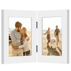 an open white photo book with two pictures of people and a dog on the beach