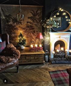 a living room filled with lots of furniture and christmas lights on the fireplace mantel