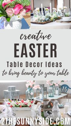 an easter table decorated with flowers, candles and other decorations for the centerpieces