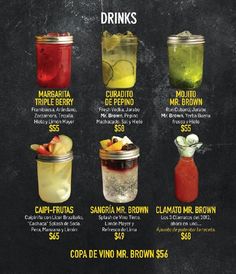 the menu for drinks is shown with different types of drinks in jars and mason jars