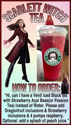 an advertisement for starbucks coffee featuring a woman in leathers and a red drink with the caption, how to order