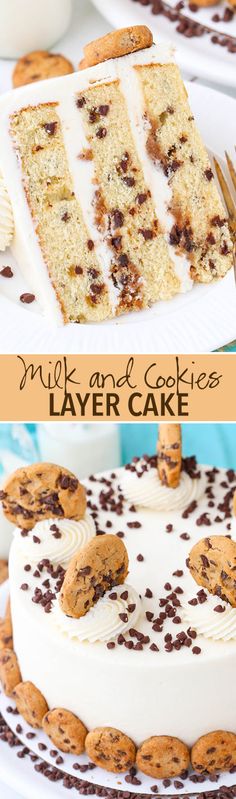 a cake with white frosting and chocolate chip cookies on top is cut into slices