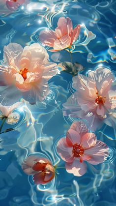 pink flowers floating on top of blue water