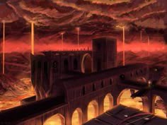 an image of a futuristic city in the sky with clouds and lightnings above it