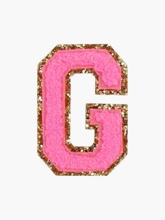 the letter g is made out of pink and gold sequinized glitters on a white background