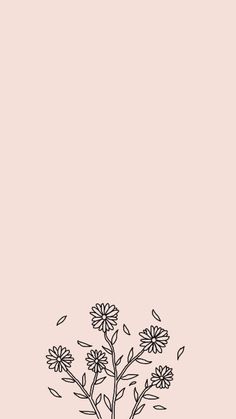 a black and white drawing of flowers on a pink background