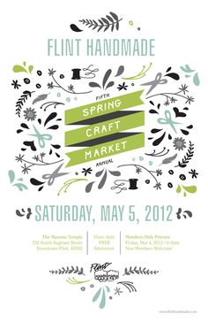 a poster for the spring craft market with flowers and leaves in green, black and white