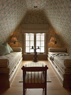 an attic bedroom with twin beds in it