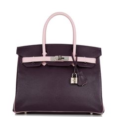 This Special Order Birkin is in Raisin and Rose Sakura chevre leather with palladium hardware and has tonal stitching, front flap, two straps with center toggle closure, clochette with lock and two keys, and double rolled handles.The interior is lined with Rose Sakura chevre and has one zip pocket with an Hermes engraved pull and an open pocket on the opposite side.Collection: XOrigin: FranceCondition: Preowned; Excellent - The structure is retained throughout bag. The exterior leather has some Hermes Special Order, Birkin Bags, Birkin 30, Hermes Birkin 30, Hermes Box, Birkin 25, Diaper Backpack, Looks Vintage, Hermes Birkin