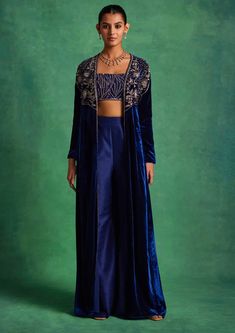 Sanya Gulati-Blue Velvet Long Jacket And Pant Set-INDIASPOPUP.COM Velvet Jacket Outfit, Embroidered Bustier, Editors Note, Indian Bridesmaids, Drape Pants, Corset Pattern, Embellished Jacket, Sequin Jacket, Sanya