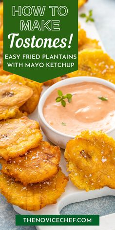 fried plantains with mayo ketchup on a white plate and green text overlay