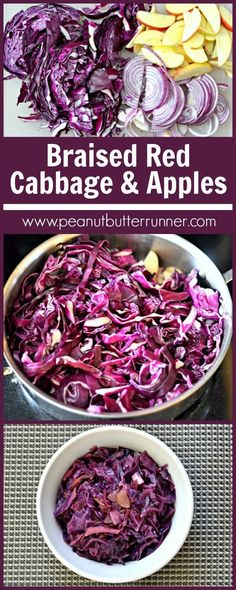 red cabbage and apples in a white bowl with the words braised red cabbage and apples