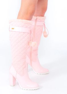 Pink Puffer Knee High Boot. Genuine high quality faux fur. Fall winter boots. White puff balls and quilted comfort. Winter Boots White, Fairy Couture, Fall Winter Boots, Puff Balls, Boutique Couture, Boots White, Pretty Shoes, Dream Shoes, High Heel Boots