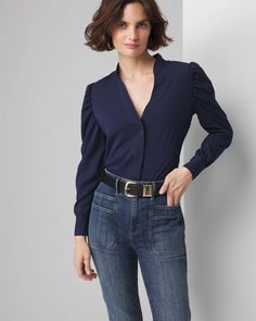 Long Sleeve Y-Neck Shirt | White House Black Market Feminine Shirts, Work Pants, Neck Shirt, Modern Fit, Classic Looks