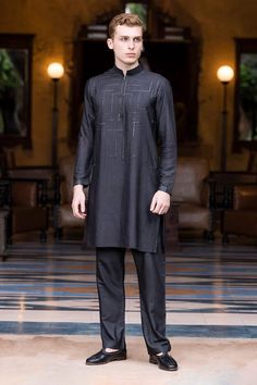 Black kurta with monochrome metal work in geometric pattern. Paired with matching aligadi pant. - Aza Fashions Black Kurta, Cocktail Reception, Metal Work, Pants Pattern, Aza Fashion, Metal Working, Mens Pants, Types Of Sleeves, Geometric Pattern