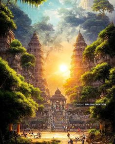 a painting of an ancient temple surrounded by greenery and trees with the sun setting in the background