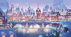 an animated city with lots of snow and buildings