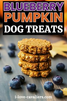 blueberry pumpkin dog treats stacked on top of each other with the title above it