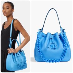 New! 100% Authentic ~ Comes With Tags & Dust Bag! Versace Large La Medusa Blue Leather Drawstring Shoulder Bag Finely Grained Leather Constructs This Italian Made Bucket Bag, Decorated W/ Versace's Tonal Medusa Emblem. A Lightweight Chain Strap & Top Handle Accompanies The Accessory For Hands-Free Sophistication. Approx. Size: 12' X 10.25" X 5.5" Details: Blue Textured Calf Leather Gold-Toned Hardware Tonal Medusa Plaque Detachable Top Handle W/ 8 Drop Detachable Adjustable Leather Strap W/ 12" Bag Versace, Chain Strap Top, Drawstring Shoulder Bag, Versace Bags, Strap Top, Walker Boots, Bag Travel, Fit N Flare Dress, Boot Sandals