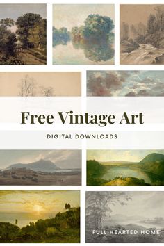 the front cover of free vintage art digital downloadss, with images of trees and mountains