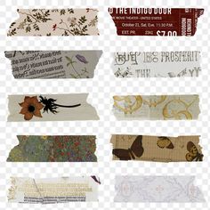 several different types of fabric labels on a white background, including one with flowers and leaves