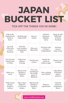 the japan bucket list is shown in pink and gold, with words that read'pick off the things you've done