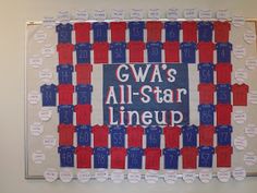 a bulletin board with red, white and blue ribbons on it that says gwa's all - star lineup