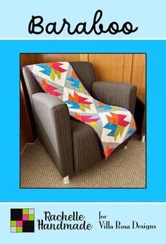 a chair with a quilt on it in front of a blue background and the words, barbaso