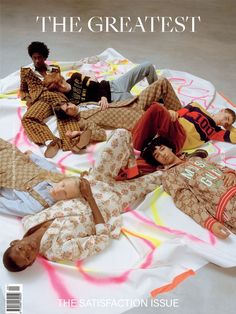 four people laying on top of a bed with the words'the greatest'above them