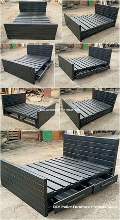 the steps to make a bed frame out of pallets and other materials are shown