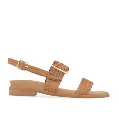 Bristlefront Tan Leather Flat Sandals | Bared Footwear Leather Sandals With Woven Sole And Ankle Strap, Leather Ankle Strap Sandals With Woven Sole, Casual Intrecciato Weave Sandals For Spring, Chic Brown Woven Sandals, Spring Woven Brown Sandals, Brown Woven Sandals For Spring, Spring Brown Woven Sandals, Brown Open Toe Woven Sandals, Woven Leather Ankle Strap Sandals