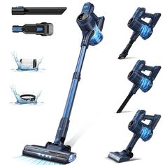 three different views of the same vacuum cleaner and its attachments are shown in this image