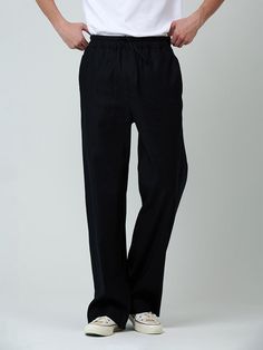 This is a modern and minimal pants by PINBLACK that is made out of high quality and sturdy material. With distinctive mood of the design and comfortable wear, you can use it for your daily outfit.- Clean straight silhouette- Linen blend fabric with soft and cool touch- Elastic waistband with string Black Wide Leg Pants With Pockets And Straight Hem, Modern Bottoms With Elastic Waistband And Straight Hem, Black Relaxed Fit Dress Pants, Modern Loungewear Pants With Pockets, Linen Pants With Straight Hem, Straight Hem Linen Pants, Modern Pants With Loosely Fitted Hips, Versatile Black Pants With Straight Hem, Casual Linen Straight Dress Pants