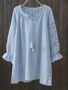 SPU:E51SH4SAC1BPattern Type:SolidSleeve Type:3/4 SleeveDecoration:Tassel,HollowedThickness:LightweightMaterial:Cotton-blendNeckline:V neckOccasion:DailyStyle:SweetTheme:Spring/Fall,SummerColor:White,Blue,PinkSize:One-sizeSleeve Length (cm):One-size:45Bust (cm):One-size:110Size ChartSizeSleeve LengthBustcminchcminchOne-size4517.711043.3 Casual Basics, Trendy Blouses, Long Dress Casual, Cozy Sweatshirts, Solid Tops, Length Hair, Kimonos, Daily Fashion, Medium Length