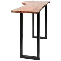 a wooden table with black metal legs and a wood slab on the top that is shaped like an arrow