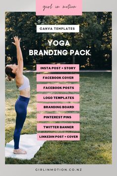 a woman doing yoga in the park with text overlay that reads, canva templates yoga branding pack instagram post - story