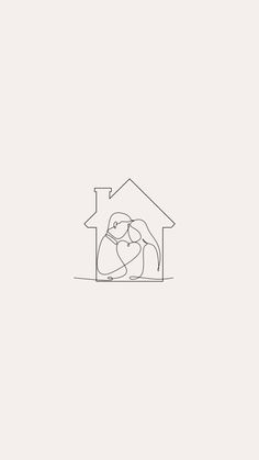 a drawing of a man hugging a woman in front of a house with a roof