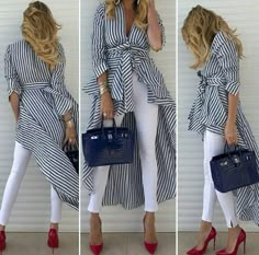 women's spring striped shirt dress w/belt+white pants+red toe high heels basic shoes Dip Hem Shirts, Stripe Shirts, Classy Blouses, Striped Shirt Women, Shirts Long Sleeve, Striped Shirt Dress, Striped Long Sleeve Shirt, Trend Fashion, Loose Tops