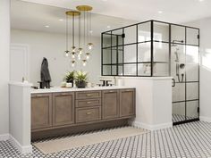 a bathroom with a large mirror, sink and bathtub next to a walk in shower