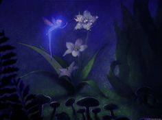 an image of some flowers and mushrooms in the dark night sky with stars on them