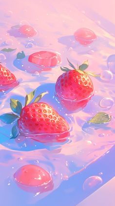 three strawberries floating in water with bubbles