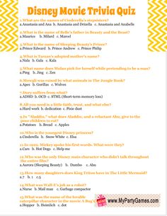 the disney movie trivia quiz is shown in yellow and white with an orange chevron pattern