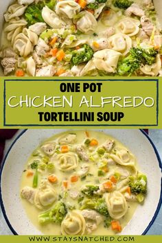 one pot chicken alfredo tortellini soup with broccoli and carrots in it