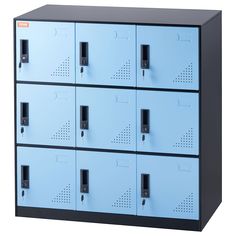 four rows of blue lockers with black handles and numbers on the doors are shown