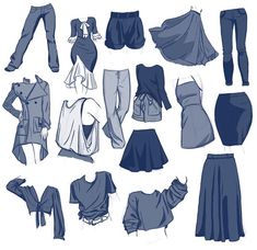 a bunch of different types of clothes on display in a white background with black and blue colors