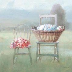 a painting of two chairs and a basket with clothes on it sitting next to each other