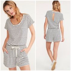 Lou & Grey Striped Romper! Navy And White Striped Romper Shorts Short Sleeve With Cuff Elastic Waist With Tie Key Hole In Back With Button Closure Casual White Jumpsuits And Rompers For Loungewear, Casual Striped Jumpsuits And Rompers For Day Out, Casual Striped Jumpsuits And Rompers For Loungewear, Casual White Short Sleeve Jumpsuits And Rompers, Plaid Jumpsuit, Gray Romper, Romper Shorts, Linen Romper, Loungewear Jumpsuit